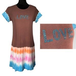 Ann Loren Tie Dye Dress Brown Blue Love T-Shirt Short Sleeve Crystal Embellished